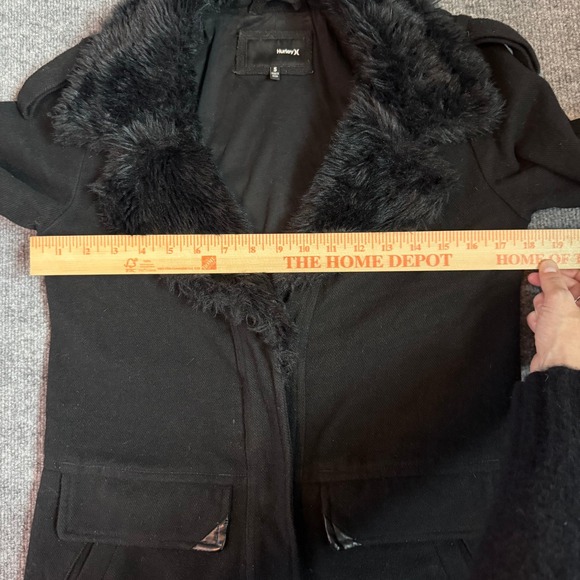 Y2K Hurley Black Faux Fur Trimmed Jacket Coat Faux Leather Patches Women's Small - Picture 10 of 11